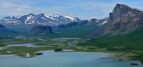 Nammatj hill on the left and Skierfe mountain on the right, the famous Rapa river delta, Sarek National Park, Laponia UNESCO World Heritage Site, Greater Laponia rewilding area, Lapland, Norrbotten, Sweden
